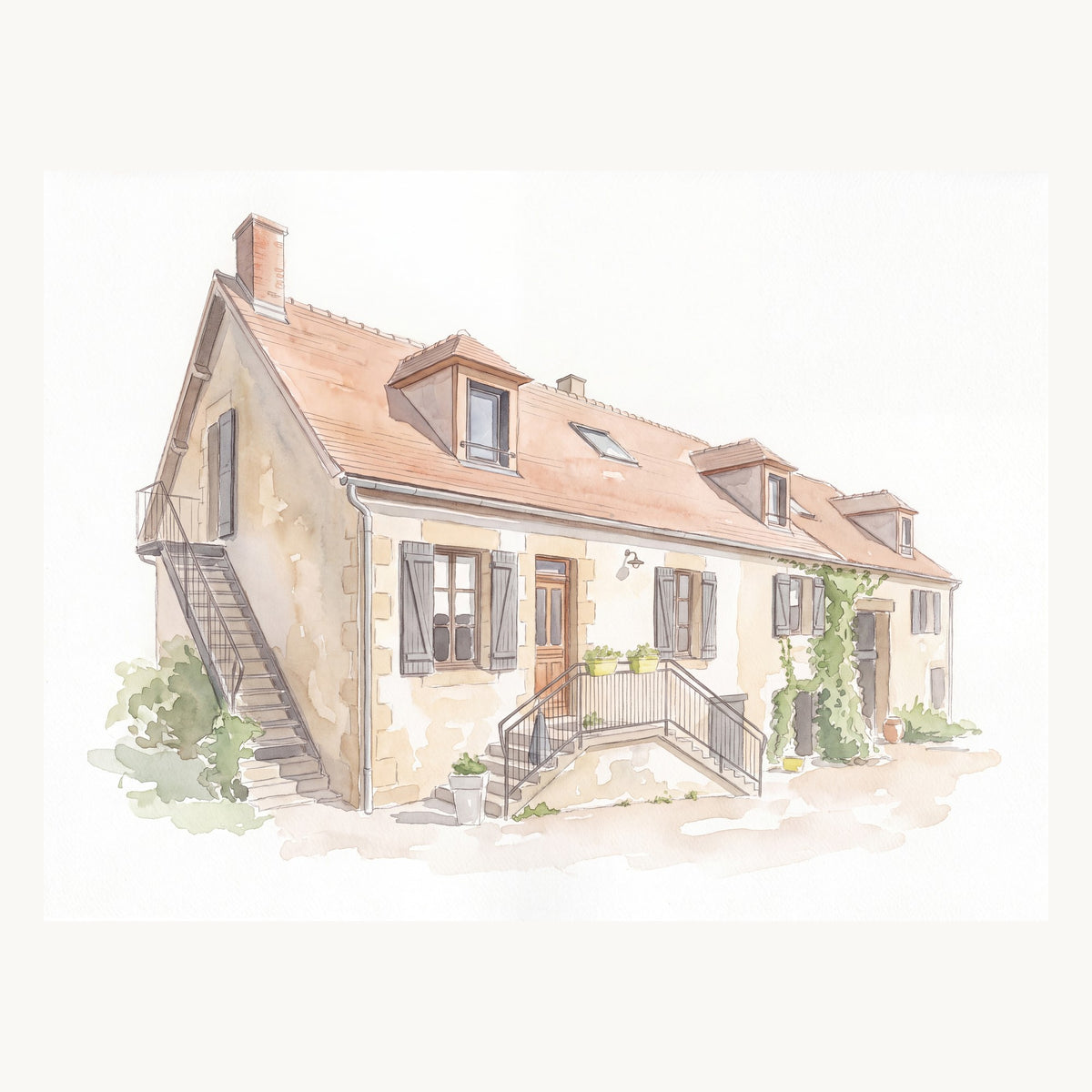 Portrait à l'aquarelle d'une longère en pierre, réalisé d'après une photo de sa façade