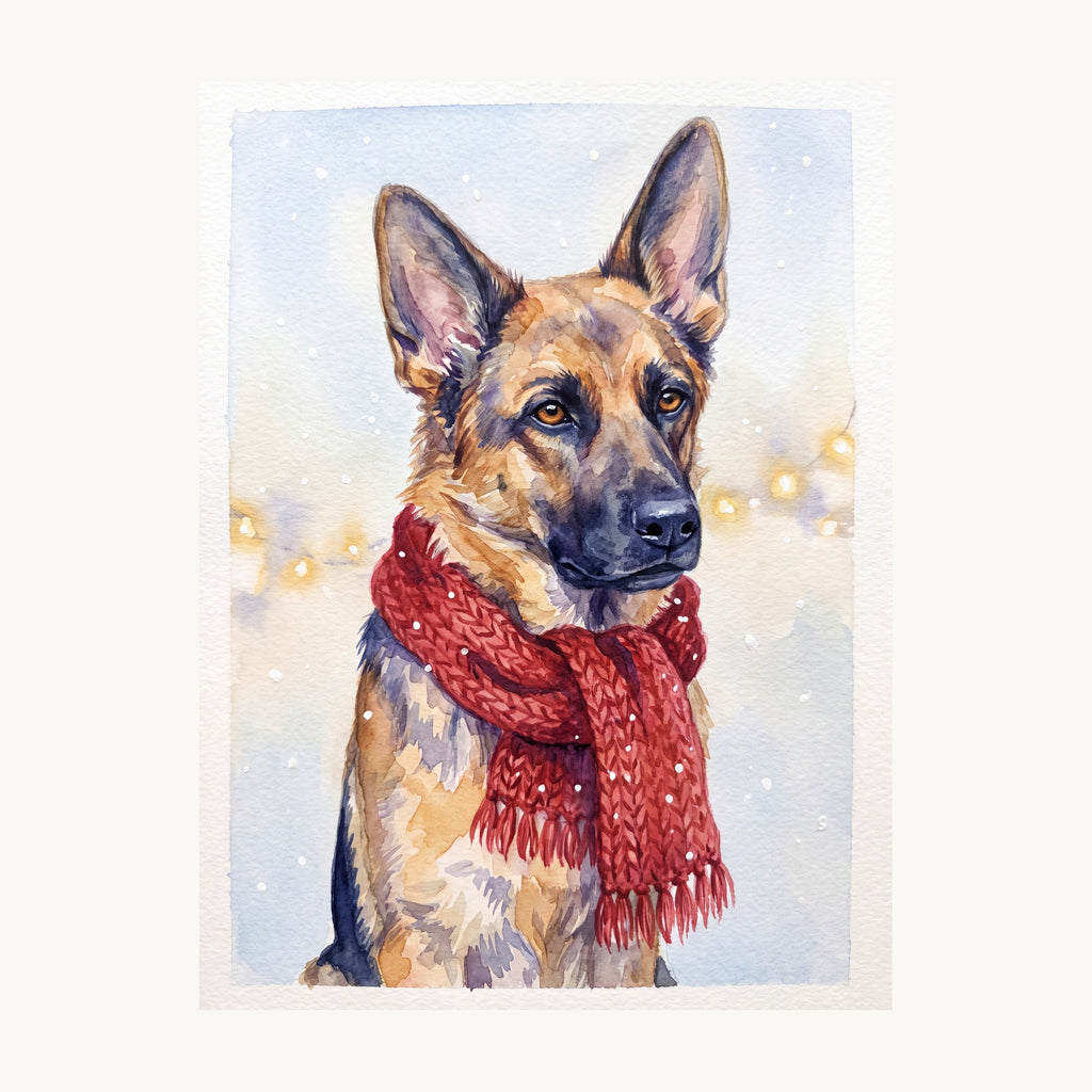 Portrait de Noël à l'aquarelle d'un berger allemand, écharpe de laine rouge et flocons