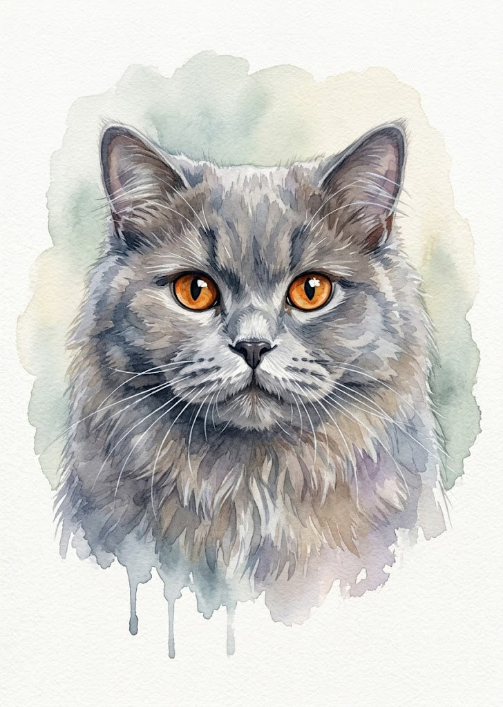 Portrait Chat &agrave; poil long, style Aquarelle