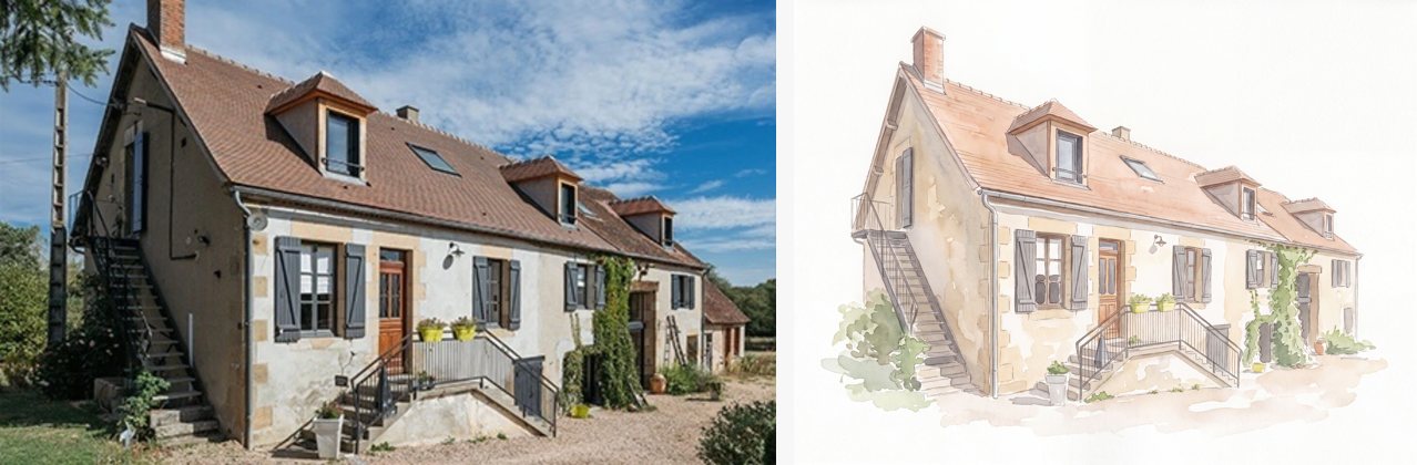Photo d'une maison en pierre et son portrait &agrave; l'aquarelle